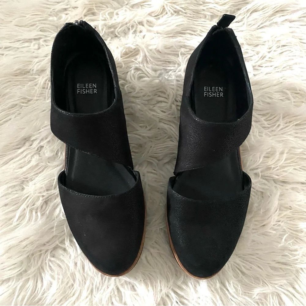 Eileen Fisher Match Suede Zip Demi-wedge Sandals Black Size 9.5 Leather